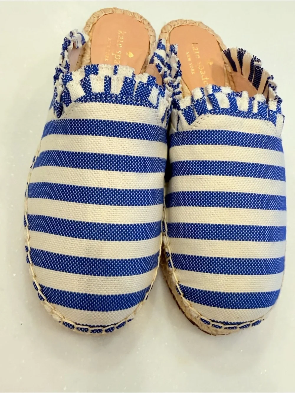 Kate Spade Laila Blue & Ivory Ruffle Espadrilles Mules Size 7.5 Slide Shoes NIB